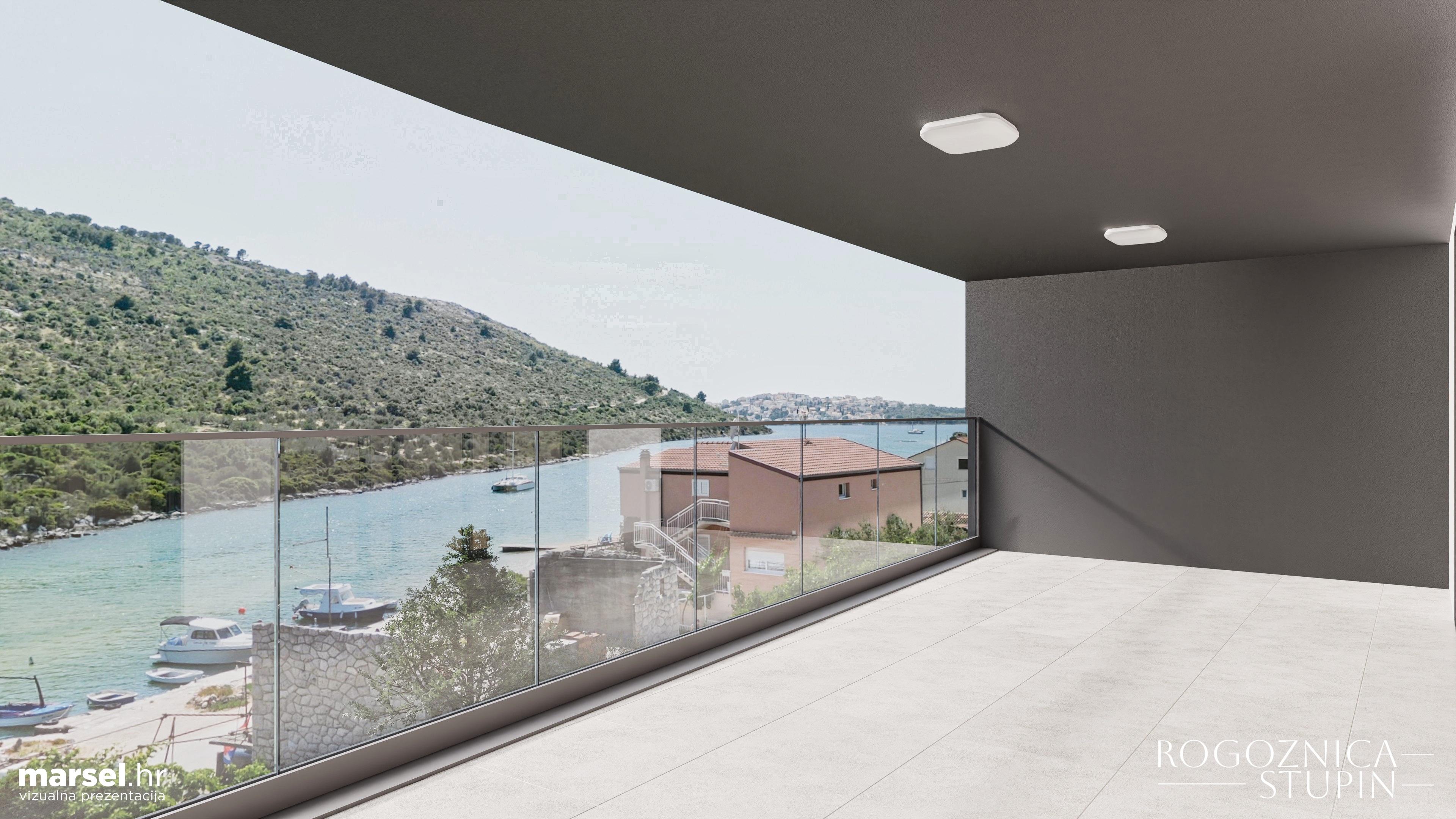 Vizualizacija interijera apartmana u novogradnji Rogoznica Stupin. Prostrani i svijetli unutarnji prostori s pogledom na more, idealni za stanovanje ili investiranje u apartman na dalmatinskoj obali.